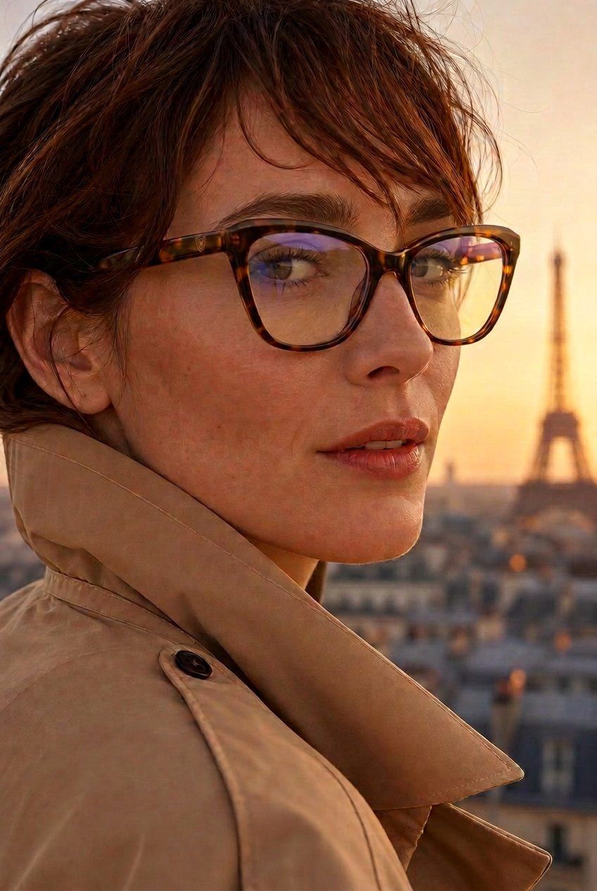 Coleção Feminina Eyegis — armação de acetato tartaruga, hora dourada em Paris.