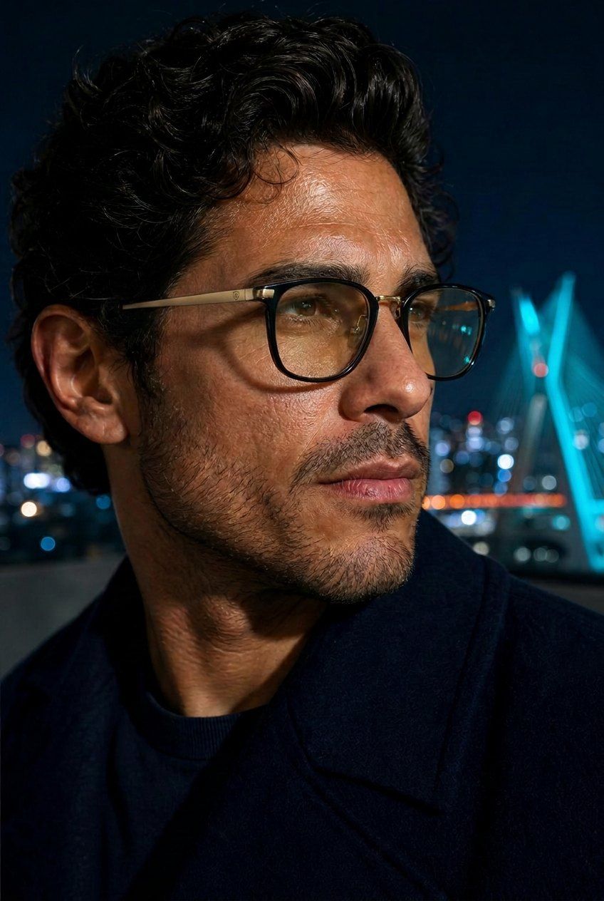Coleção Masculina Eyegis — armação de acetato brilhante, à noite em São Paulo.